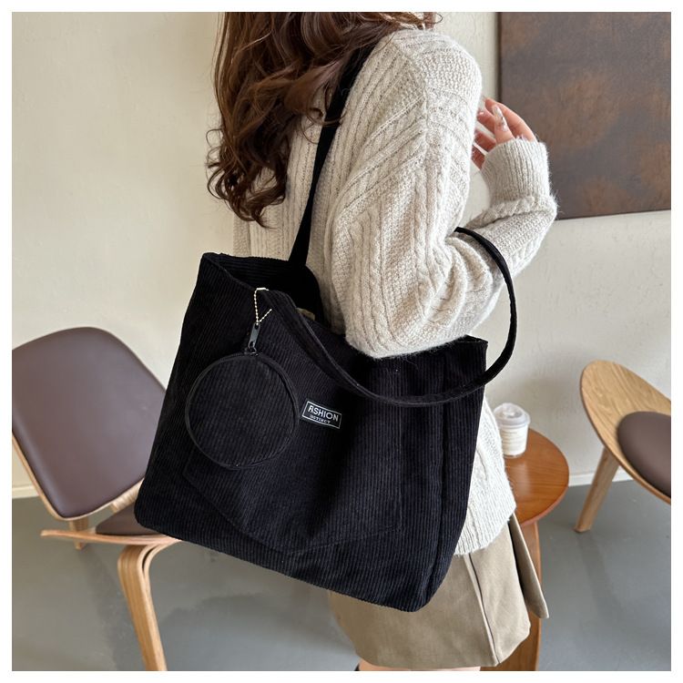 Women Corduroy Tote Handbag Zipper Vintage Tote Bag Foldable Retro Shoulder Bag with Coin Bag Large Capacity Versatile Sling Bag B0727