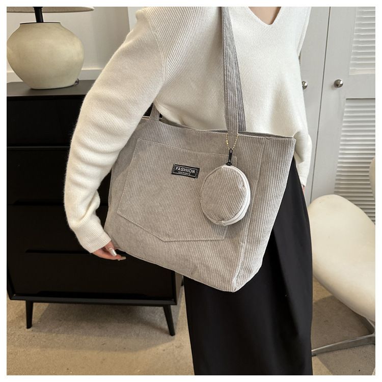 Women Corduroy Tote Handbag Zipper Vintage Tote Bag Foldable Retro Shoulder Bag with Coin Bag Large Capacity Versatile Sling Bag B0727