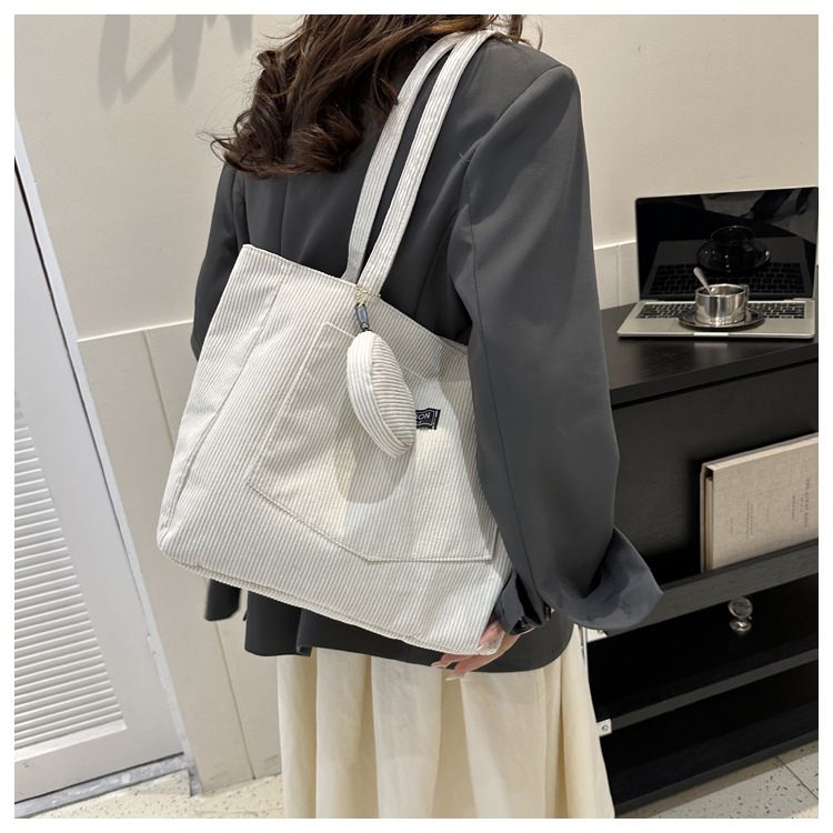 Women Corduroy Tote Handbag Zipper Vintage Tote Bag Foldable Retro Shoulder Bag with Coin Bag Large Capacity Versatile Sling Bag B0727