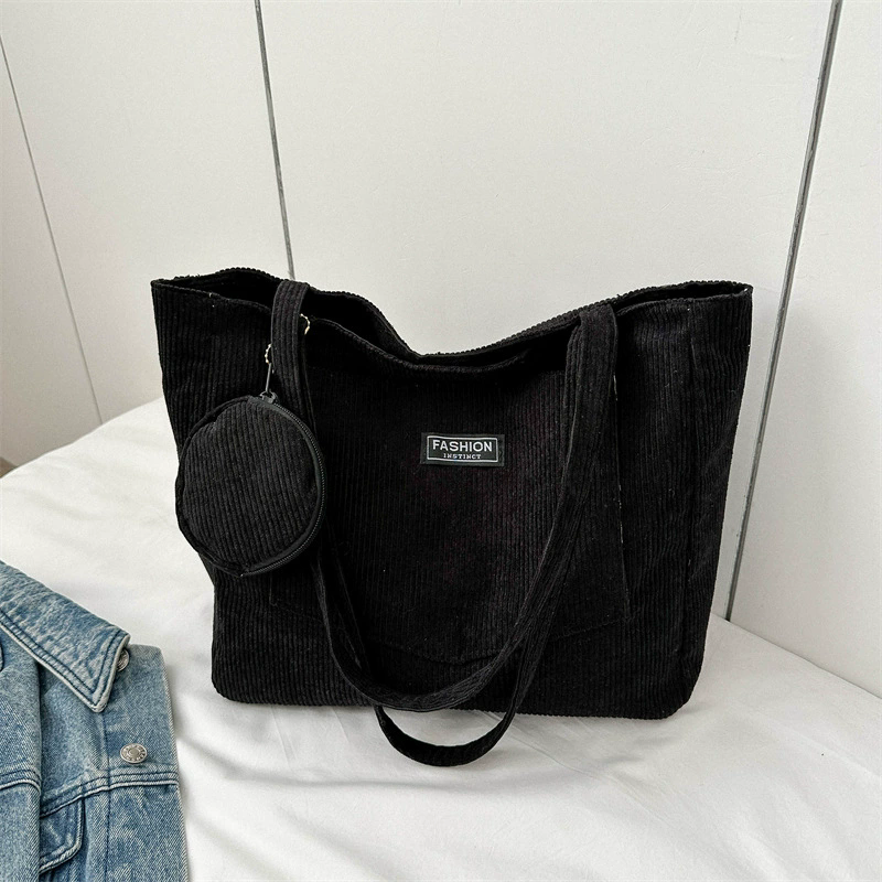 Women Corduroy Tote Handbag Zipper Vintage Tote Bag Foldable Retro Shoulder Bag with Coin Bag Large Capacity Versatile Sling Bag B0727