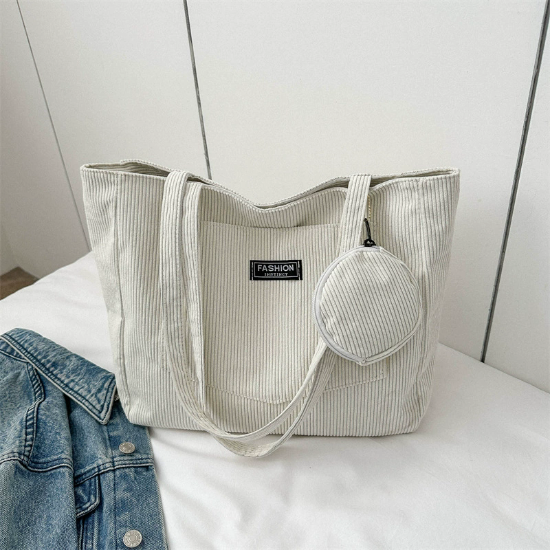 Women Corduroy Tote Handbag Zipper Vintage Tote Bag Foldable Retro Shoulder Bag with Coin Bag Large Capacity Versatile Sling Bag B0727