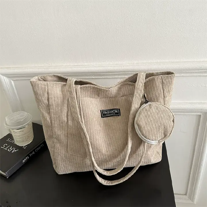 Women Corduroy Tote Handbag Zipper Vintage Tote Bag Foldable Retro Shoulder Bag with Coin Bag Large Capacity Versatile Sling Bag B0727