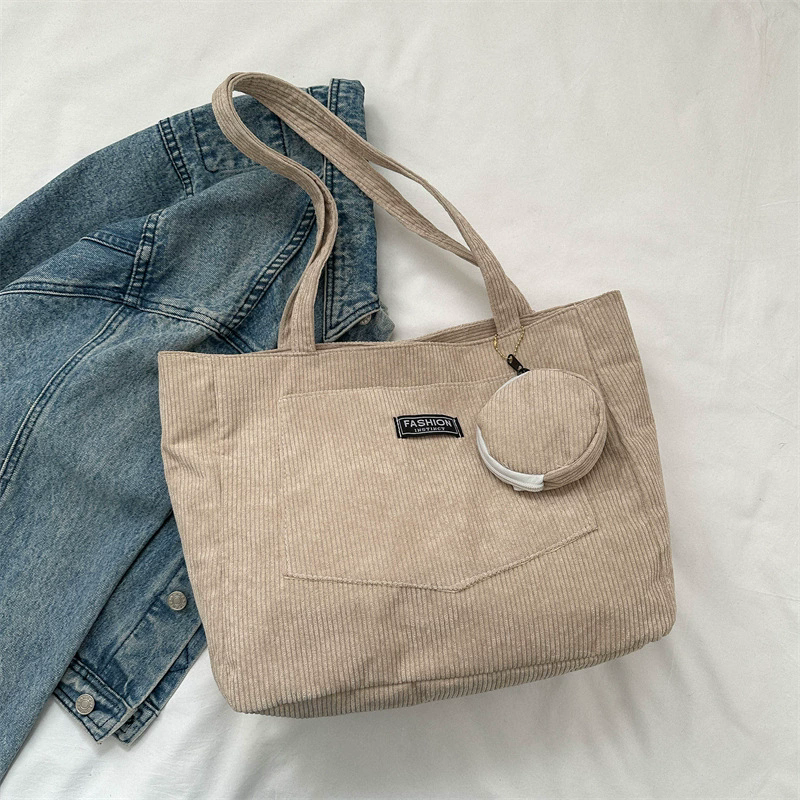 Women Corduroy Tote Handbag Zipper Vintage Tote Bag Foldable Retro Shoulder Bag with Coin Bag Large Capacity Versatile Sling Bag B0727