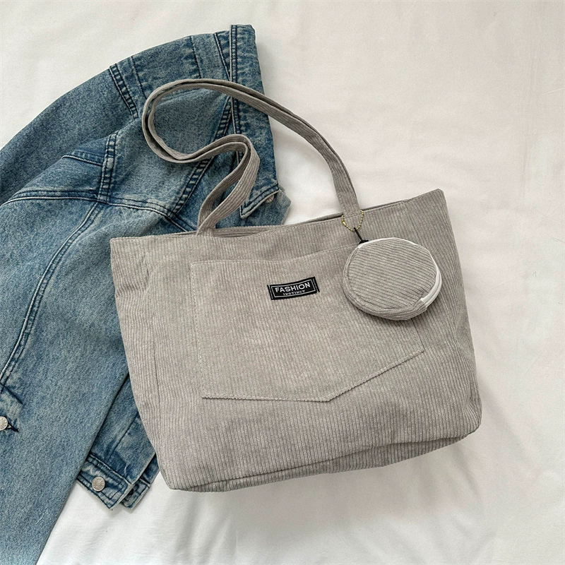 Women Corduroy Tote Handbag Zipper Vintage Tote Bag Foldable Retro Shoulder Bag with Coin Bag Large Capacity Versatile Sling Bag B0727