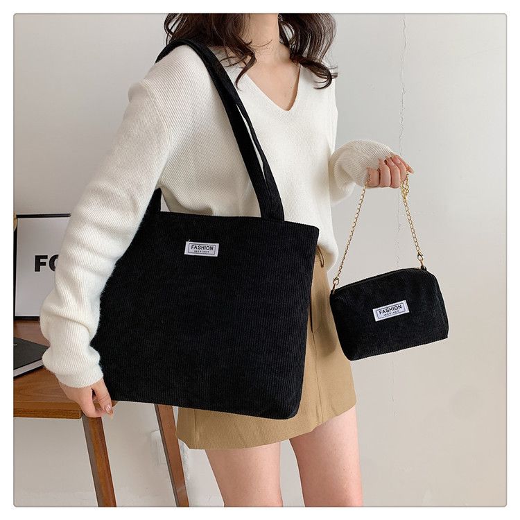 Women Corduroy Tote Handbag Zipper Top Handle Bag Foldable Retro Shoulder Bag with Coin Bag Large Capacity Versatile Sling Bag B0728