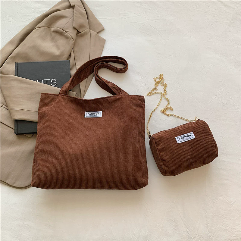 Women Corduroy Tote Handbag Zipper Top Handle Bag Foldable Retro Shoulder Bag with Coin Bag Large Capacity Versatile Sling Bag B0728