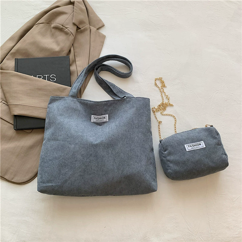 Women Corduroy Tote Handbag Zipper Top Handle Bag Foldable Retro Shoulder Bag with Coin Bag Large Capacity Versatile Sling Bag B0728