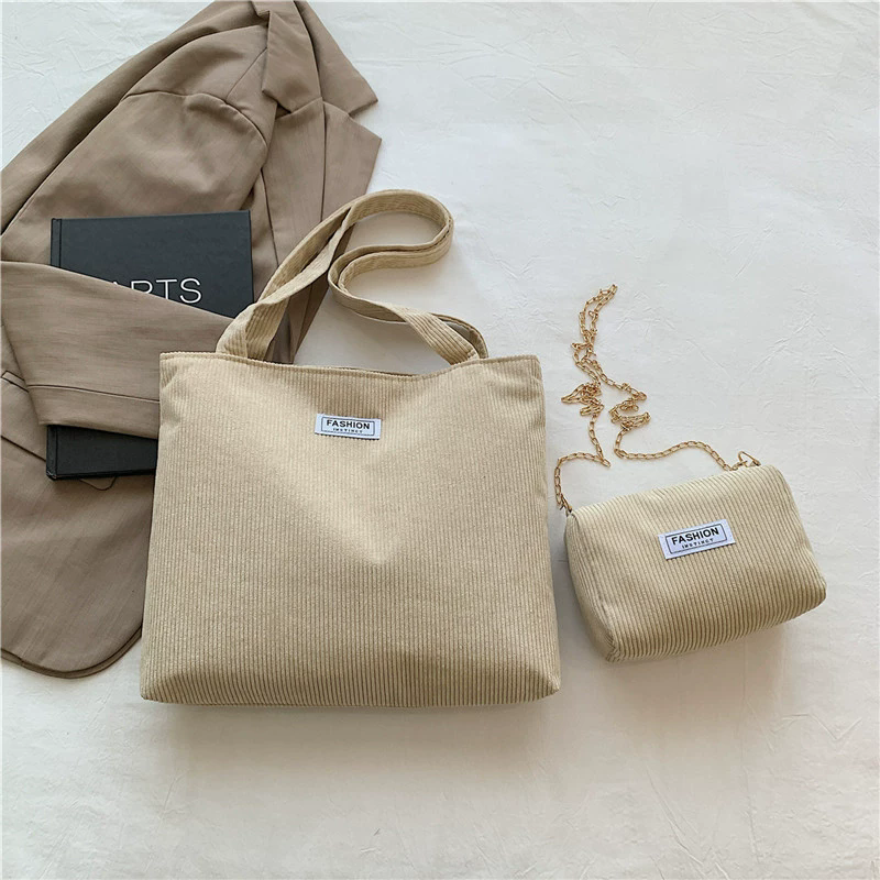 Women Corduroy Tote Handbag Zipper Top Handle Bag Foldable Retro Shoulder Bag with Coin Bag Large Capacity Versatile Sling Bag B0728