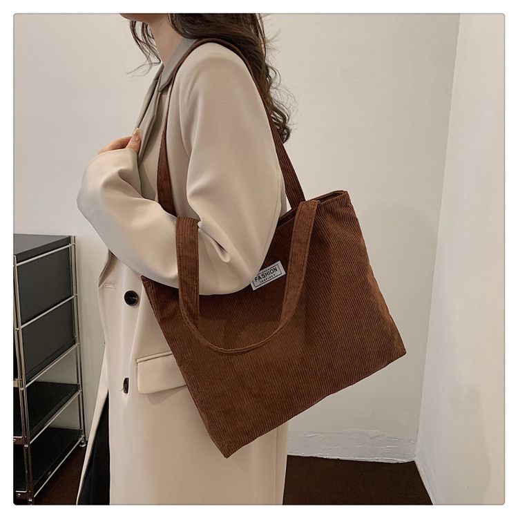 Women Corduroy Tote Handbag Zipper Top Handle Bag Foldable Retro Shoulder Bag with Coin Bag Large Capacity Versatile Sling Bag B0728