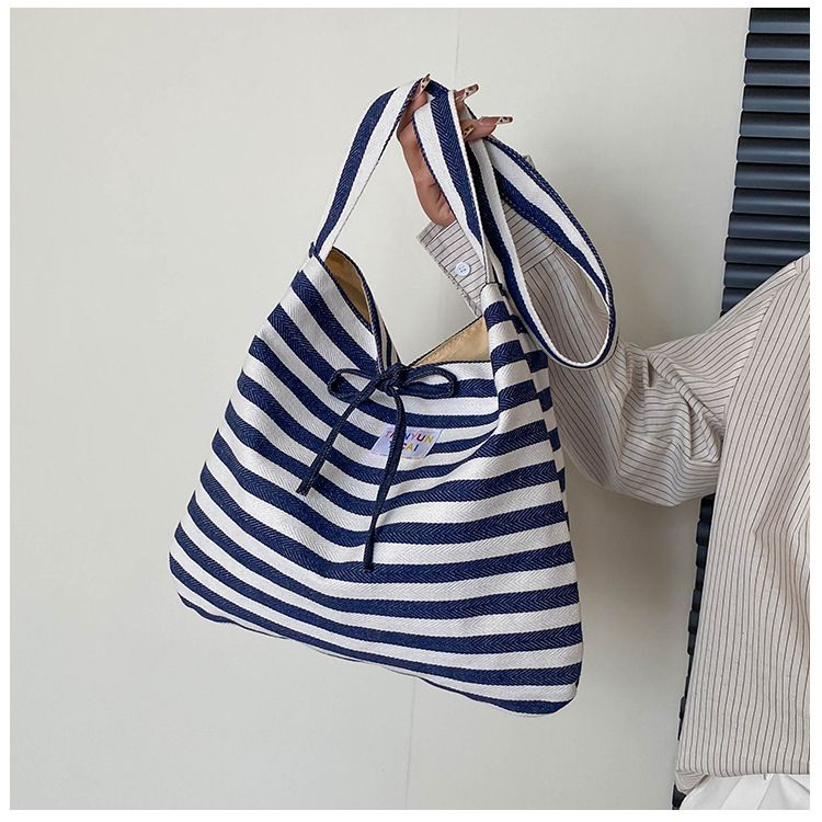 Female Casual Multifunctional Travel Top-handle Handbag Large Capacity Canvas Women Shopper Tote Simple Striped Shoulder Bag 2026 B0144