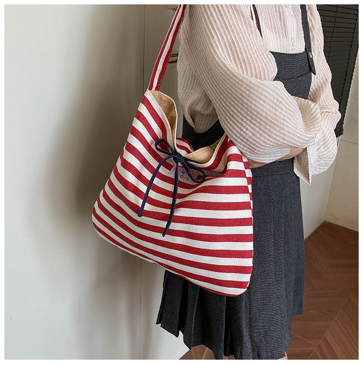 Female Casual Multifunctional Travel Top-handle Handbag Large Capacity Canvas Women Shopper Tote Simple Striped Shoulder Bag 2026 B0144