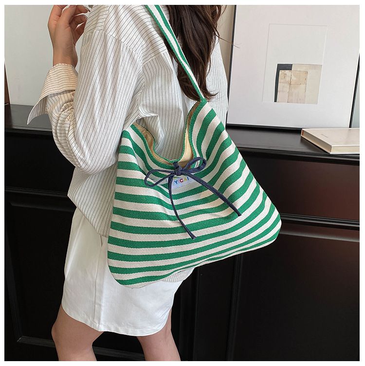 Female Casual Multifunctional Travel Top-handle Handbag Large Capacity Canvas Women Shopper Tote Simple Striped Shoulder Bag 2026 B0144