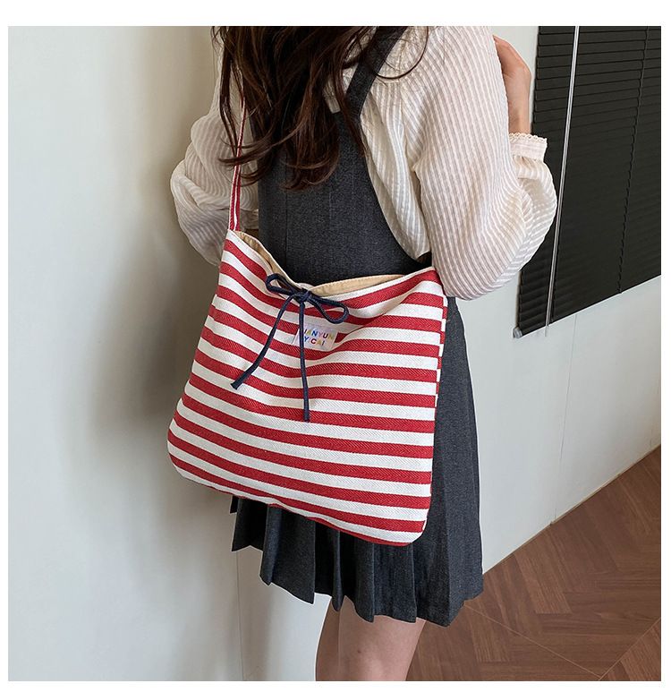 Female Casual Multifunctional Travel Top-handle Handbag Large Capacity Canvas Women Shopper Tote Simple Striped Shoulder Bag 2026 B0144
