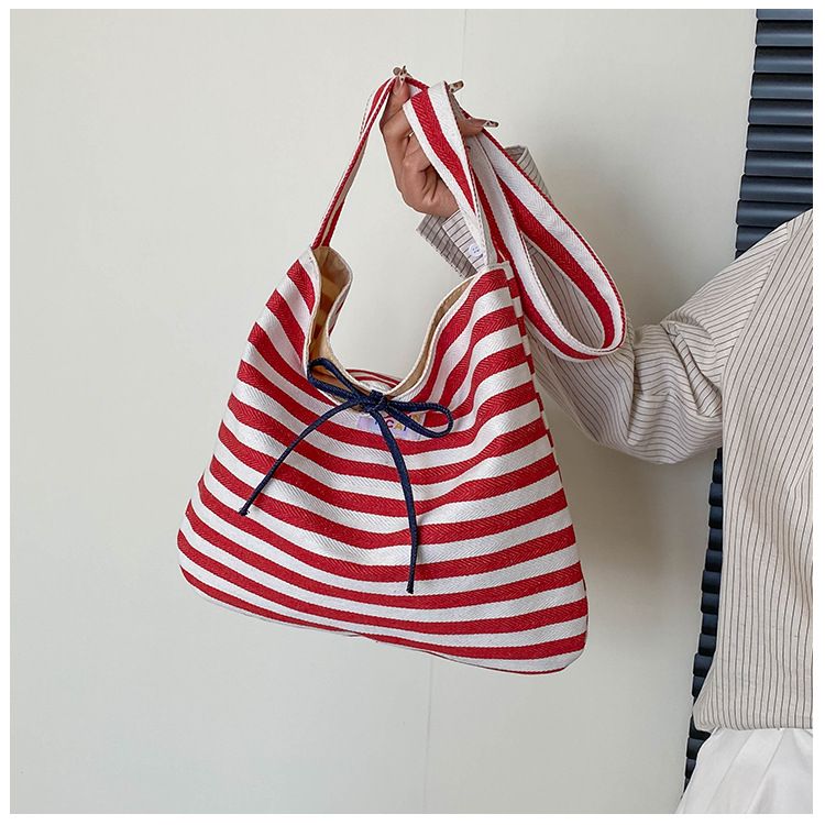 Female Casual Multifunctional Travel Top-handle Handbag Large Capacity Canvas Women Shopper Tote Simple Striped Shoulder Bag 2026 B0144