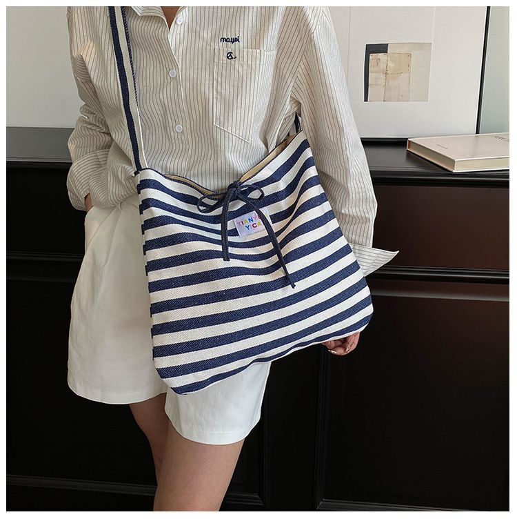 Female Casual Multifunctional Travel Top-handle Handbag Large Capacity Canvas Women Shopper Tote Simple Striped Shoulder Bag 2026 B0144