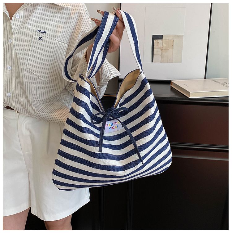 Female Casual Multifunctional Travel Top-handle Handbag Large Capacity Canvas Women Shopper Tote Simple Striped Shoulder Bag 2026 B0144