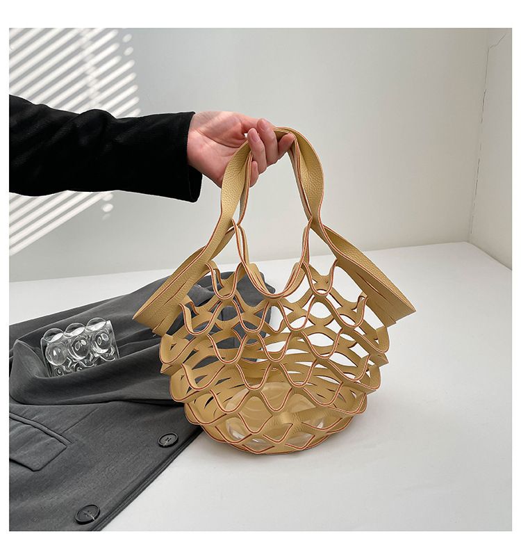 Leather Folding Mesh Tote Bag Hollow Out Storage Handbag for Women Shopping Outdoor Portable Shoulder Bag Accessory B0213