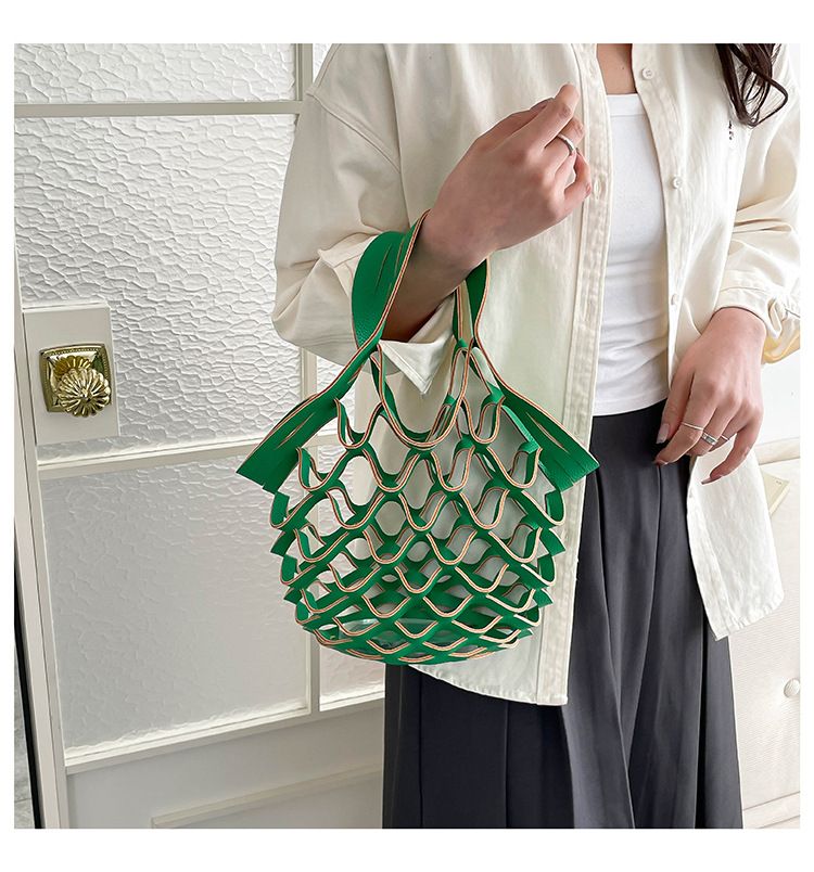 Leather Folding Mesh Tote Bag Hollow Out Storage Handbag for Women Shopping Outdoor Portable Shoulder Bag Accessory B0213