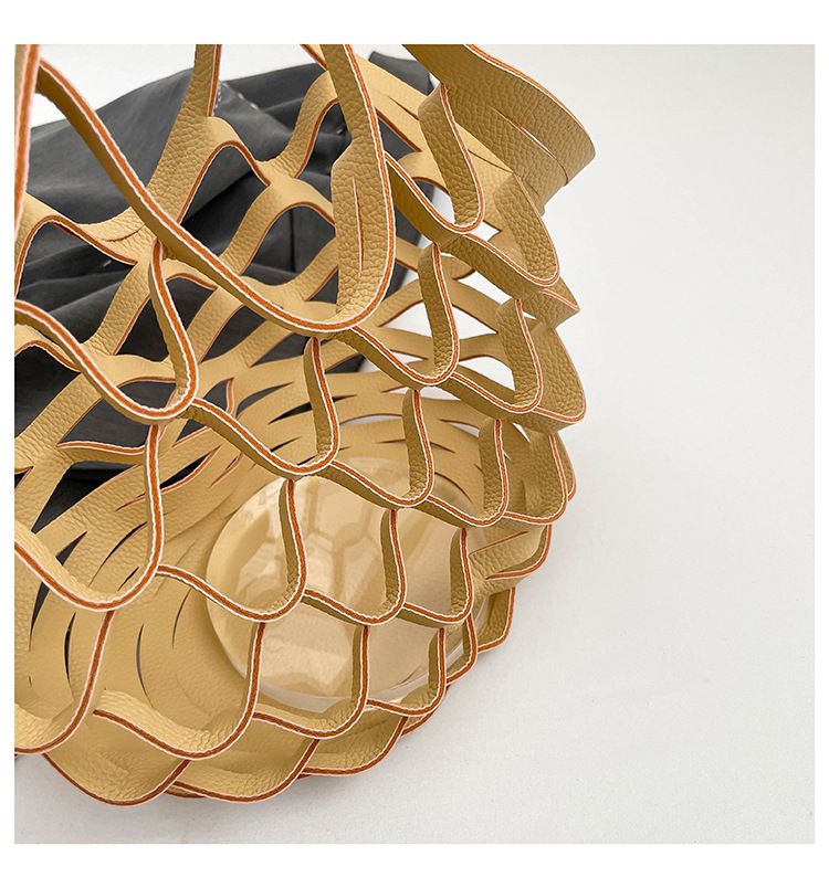 Leather Folding Mesh Tote Bag Hollow Out Storage Handbag for Women Shopping Outdoor Portable Shoulder Bag Accessory B0213