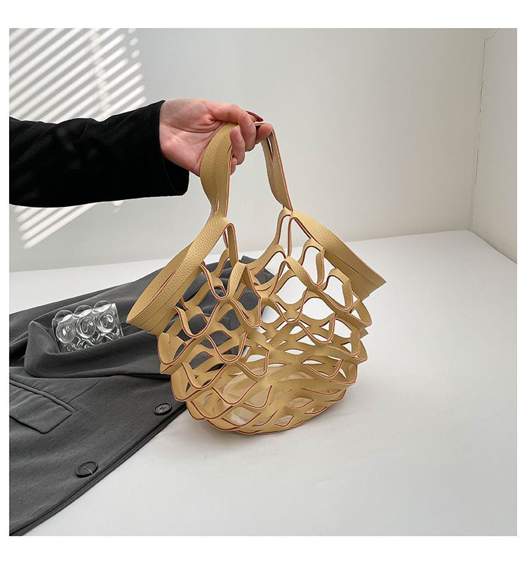 Leather Folding Mesh Tote Bag Hollow Out Storage Handbag for Women Shopping Outdoor Portable Shoulder Bag Accessory B0213