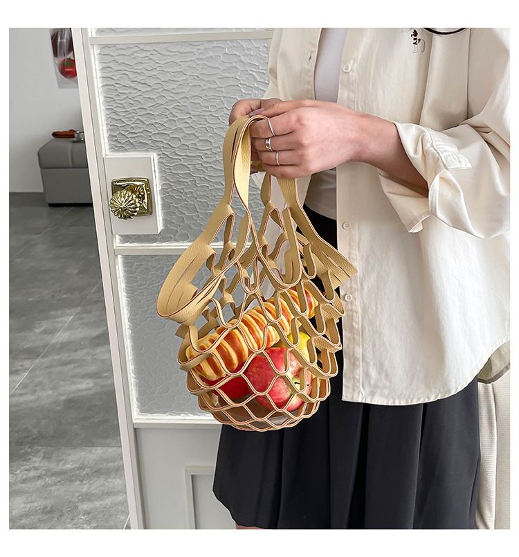 Leather Folding Mesh Tote Bag Hollow Out Storage Handbag for Women Shopping Outdoor Portable Shoulder Bag Accessory B0213