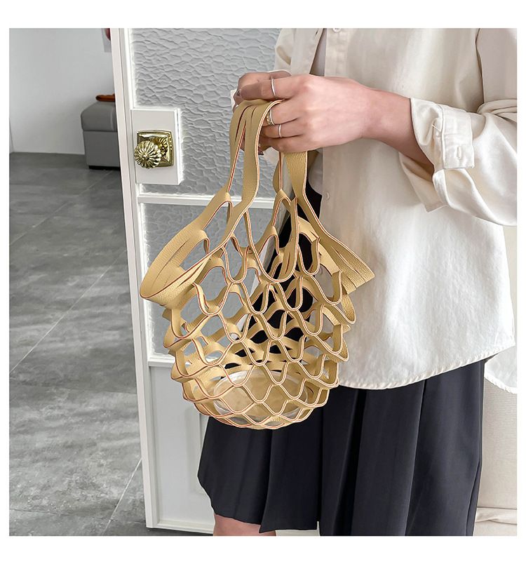 Leather Folding Mesh Tote Bag Hollow Out Storage Handbag for Women Shopping Outdoor Portable Shoulder Bag Accessory B0213