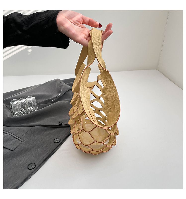 Leather Folding Mesh Tote Bag Hollow Out Storage Handbag for Women Shopping Outdoor Portable Shoulder Bag Accessory B0213