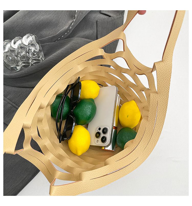 Leather Folding Mesh Tote Bag Hollow Out Storage Handbag for Women Shopping Outdoor Portable Shoulder Bag Accessory B0213