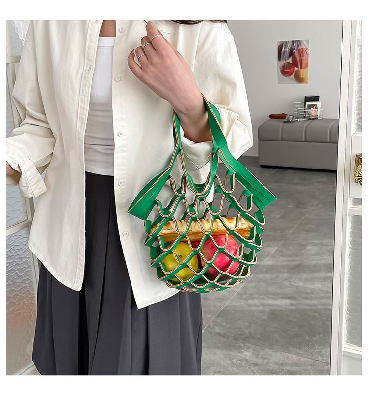 Leather Folding Mesh Tote Bag Hollow Out Storage Handbag for Women Shopping Outdoor Portable Shoulder Bag Accessory B0213