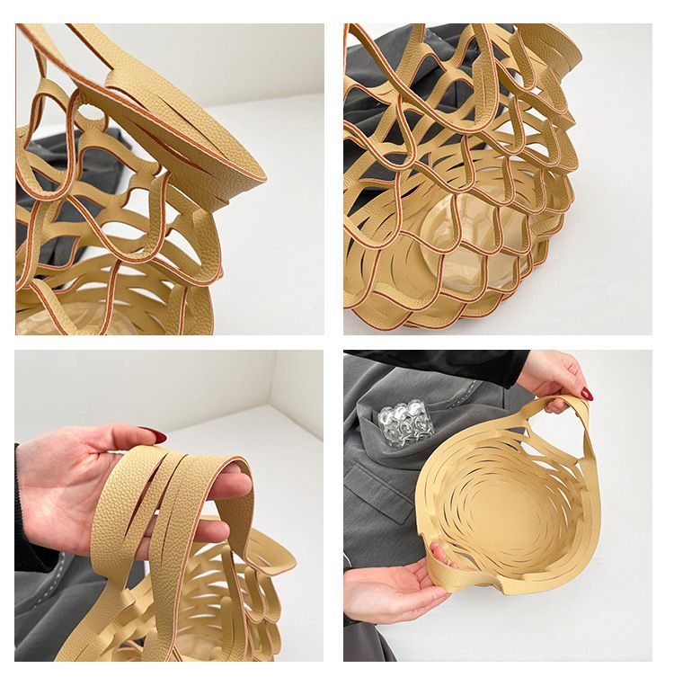 Leather Folding Mesh Tote Bag Hollow Out Storage Handbag for Women Shopping Outdoor Portable Shoulder Bag Accessory B0213