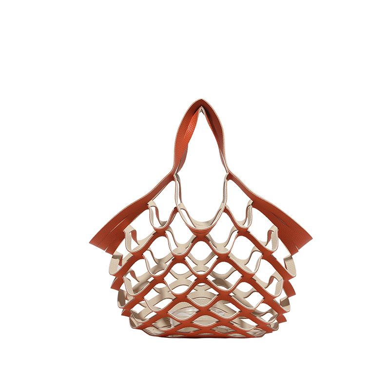 Leather Folding Mesh Tote Bag Hollow Out Storage Handbag for Women Shopping Outdoor Portable Shoulder Bag Accessory B0213