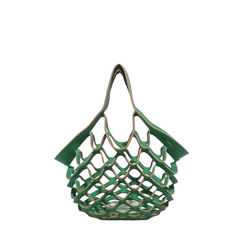 Leather Folding Mesh Tote Bag Hollow Out Storage Handbag for Women Shopping Outdoor Portable Shoulder Bag Accessory B0213