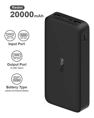 Xiaomi 20000 mAh Redmi Fast Charge Power Bank, Dual input ports, Dual output ports, 74Wh high capacity, Two-way 18W fast charging, Lithium ion polymer battery, Overcharge and over discharge protection