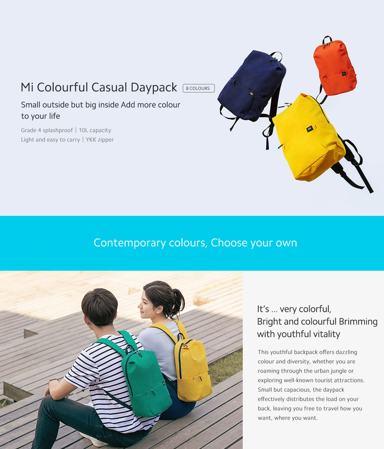 Xiaomi Mi Casual Daypack Orange, Black and Blue, lightweight, compact,  IPX4 splash-proof backpack, 10 liters capacity, high-quality YKK double-slider zippers, two side pockets