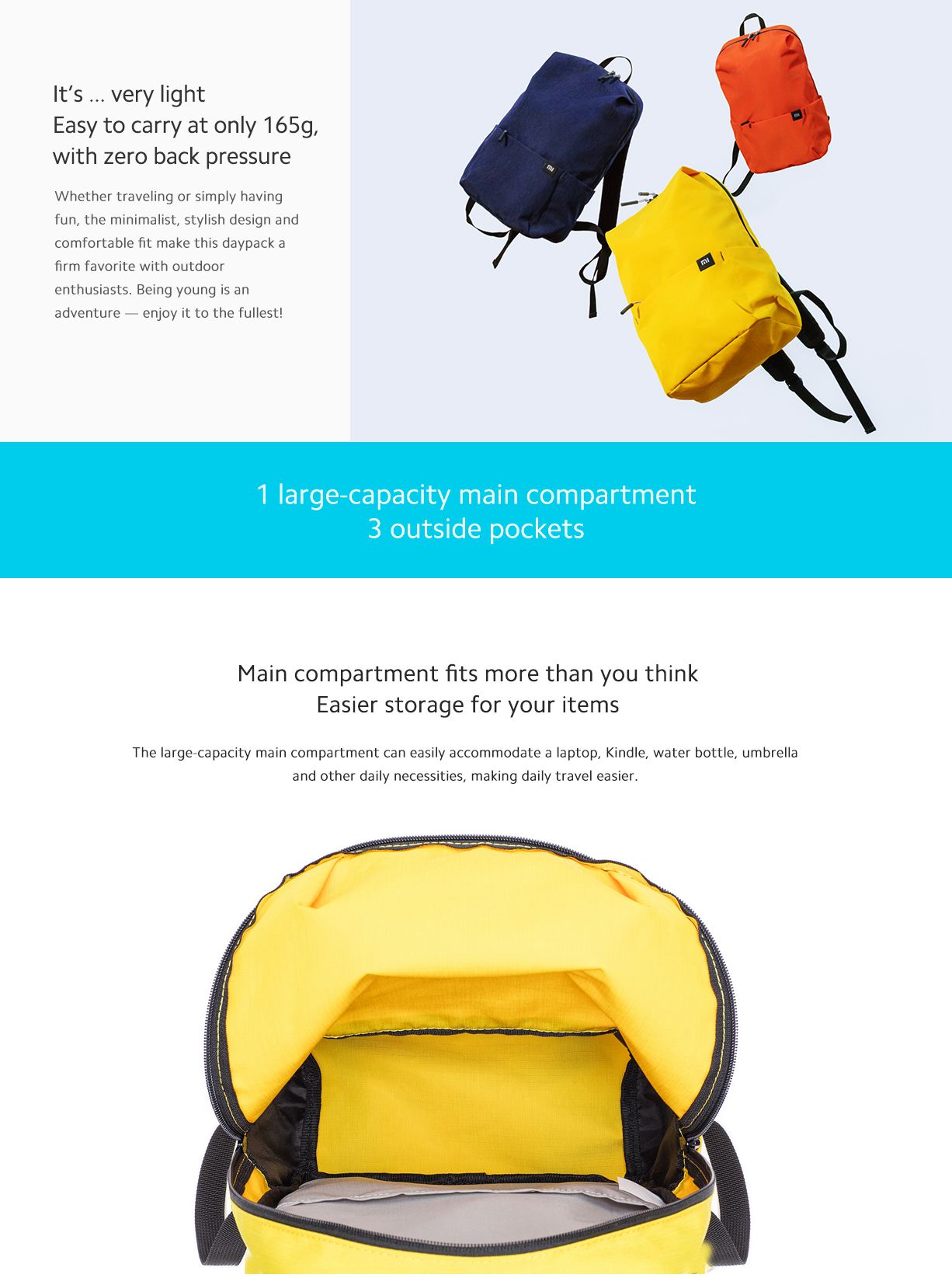 Xiaomi Mi Casual Daypack Orange, Black and Blue, lightweight, compact,  IPX4 splash-proof backpack, 10 liters capacity, high-quality YKK double-slider zippers, two side pockets
