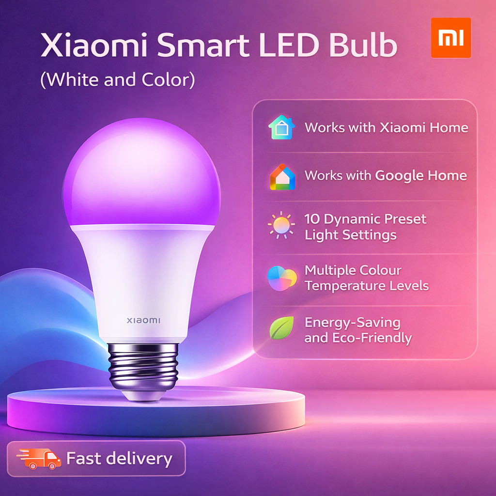 Xiaomi Smart LED Bulb (White and Color), 10 Dynamic Preset Light Settings, Multiple Colour Temperature Levels, Energy-Saving and Eco-Friendly, Work with Xiaomi Home, Works with Google Home