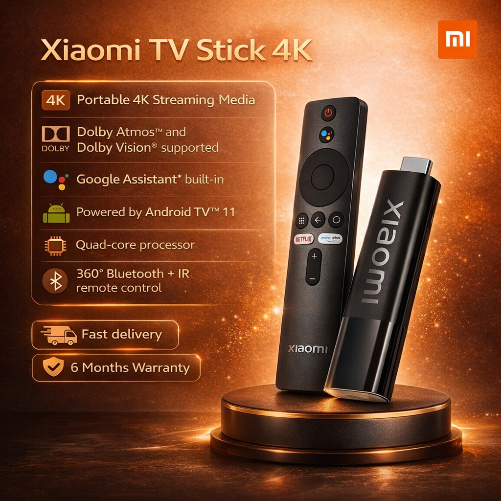 Xiaomi TV Stick 4K, Portable 4K Streaming Media, Dolby Atmos™ and Dolby Vision® supported, Google Assistant* built-in, Powered by Android TV™ 11, Quad-core processor, 360° Bluetooth +IR remote control
