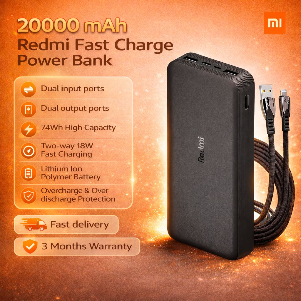 Xiaomi 20000 mAh Redmi Fast Charge Power Bank, Dual input ports, Dual output ports, 74Wh high capacity, Two-way 18W fast charging, Lithium ion polymer battery, Overcharge and over discharge protection