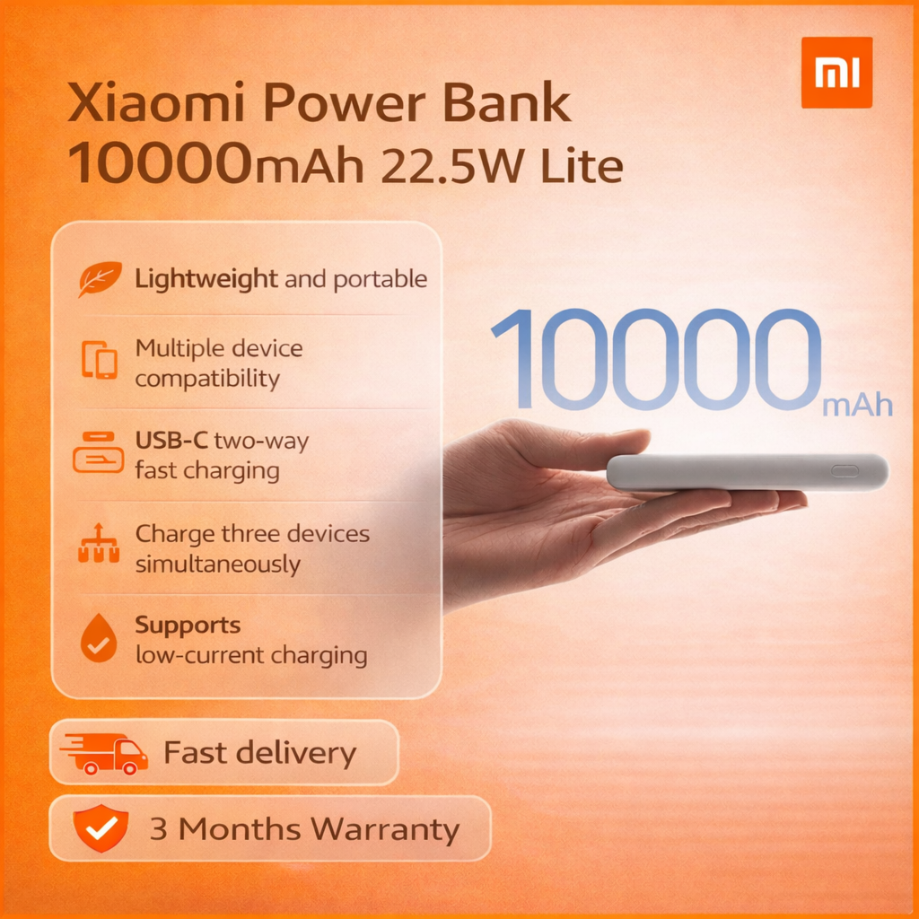 Xiaomi Power Bank 10000mAh 22.5W Lite Lightweight and portable, Multiple device compatibility, USB-C two-way fast charging, Charge three devices simultaneously, Supports low-current charging