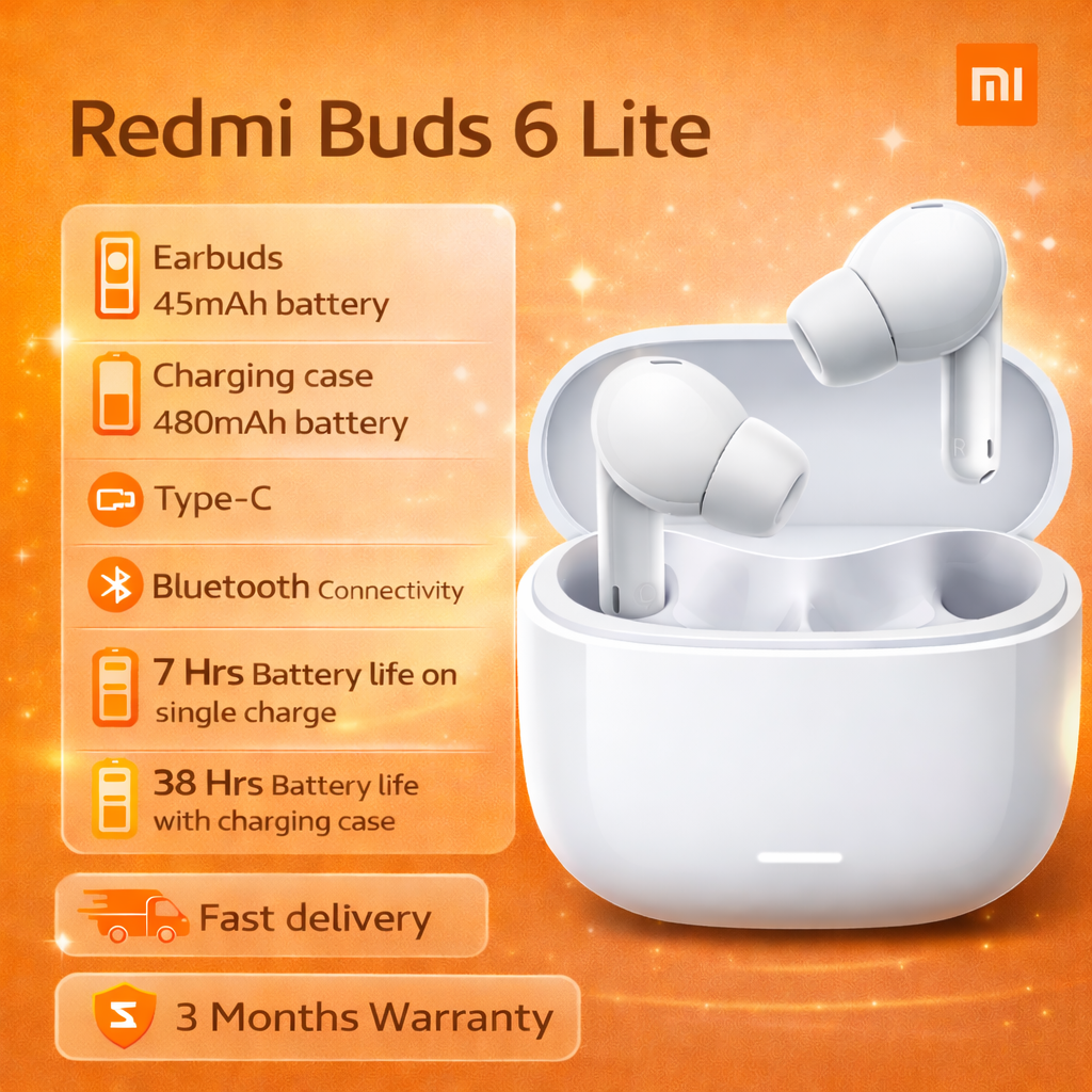 XIAOMI Redmi Buds 6 Lite, Earbuds: 45mAh battery Charging case: 480mAh battery Type-C Charging Port Bluetooth Connectivity 7 Hrs Battery life on a single charge 38 Hrs Battery life with charging case