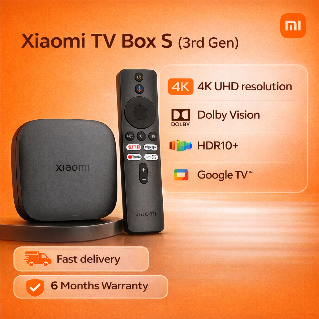 Xiaomi TV Box S (3rd Gen), 4K UHD resolution Dolby Vision HDR10+ Google TV™ Chromecast built-in and supports Wi-Fi 6.