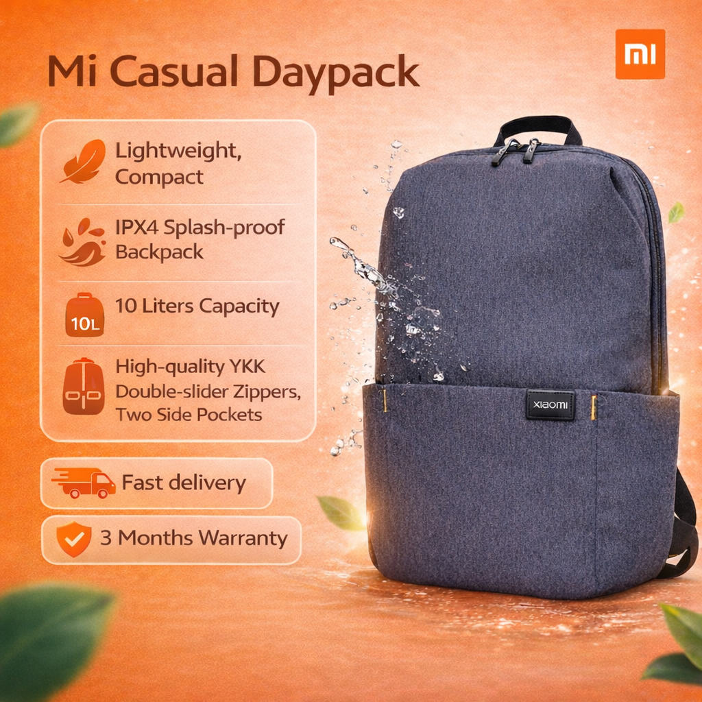 Xiaomi Mi Casual Daypack Orange, Black and Blue, lightweight, compact,  IPX4 splash-proof backpack, 10 liters capacity, high-quality YKK double-slider zippers, two side pockets