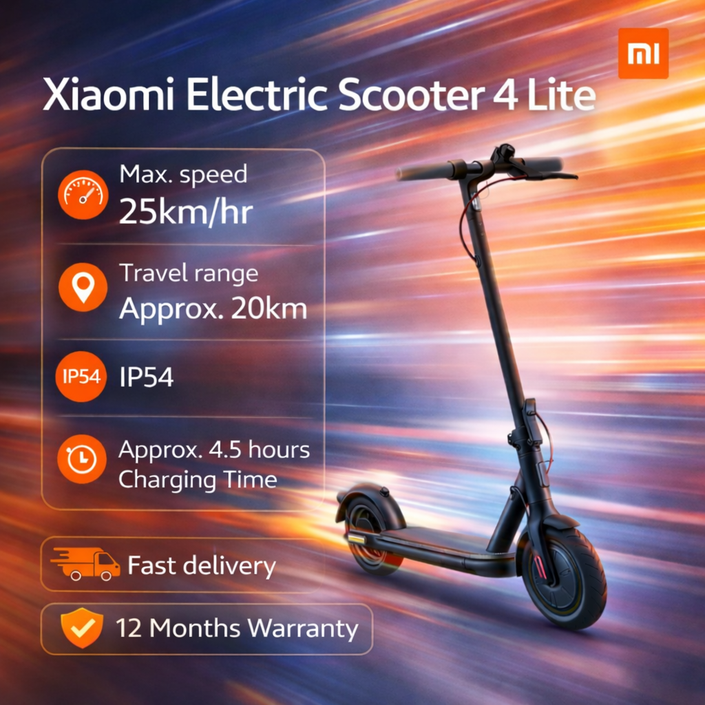 Xiaomi Electric Scooter 4 Lite, Max. speed 25km/hr. Travel range Approx. 20km IP54 Approx. 4.5 hours Charging Time, Deck widened by 5mm, Stable standing, comfortable riding, 300W powerful motor