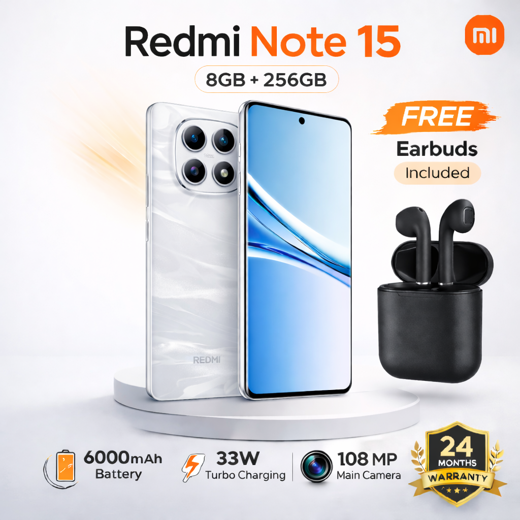 Redmi Note 15 Smartphone Display 6.77" AMOLED display 120Hz - 8GB Ram + 256GB Rom Dual SIM, 4G ,6000mAh battery 33W turbo charging,108MP main camera, 20MP front camera, IP64, MediaTek Helio G100-Ultra