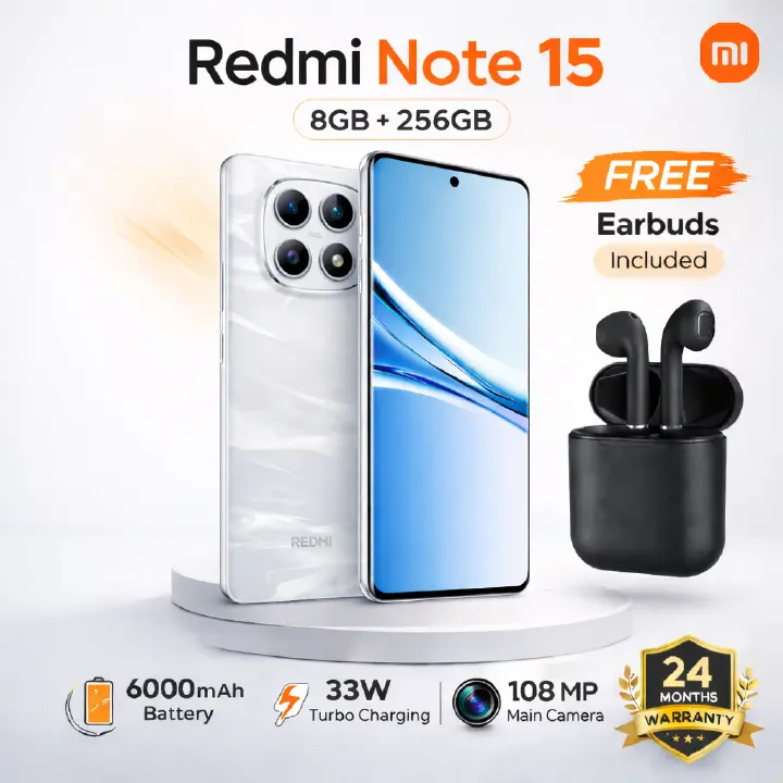 Redmi Note 15 Smartphone Display 6.77" AMOLED display 120Hz - 8GB Ram + 256GB Rom Dual SIM, 4G ,6000mAh battery 33W turbo charging,108MP main camera, 20MP front camera, IP64, MediaTek Helio G100-Ultra
