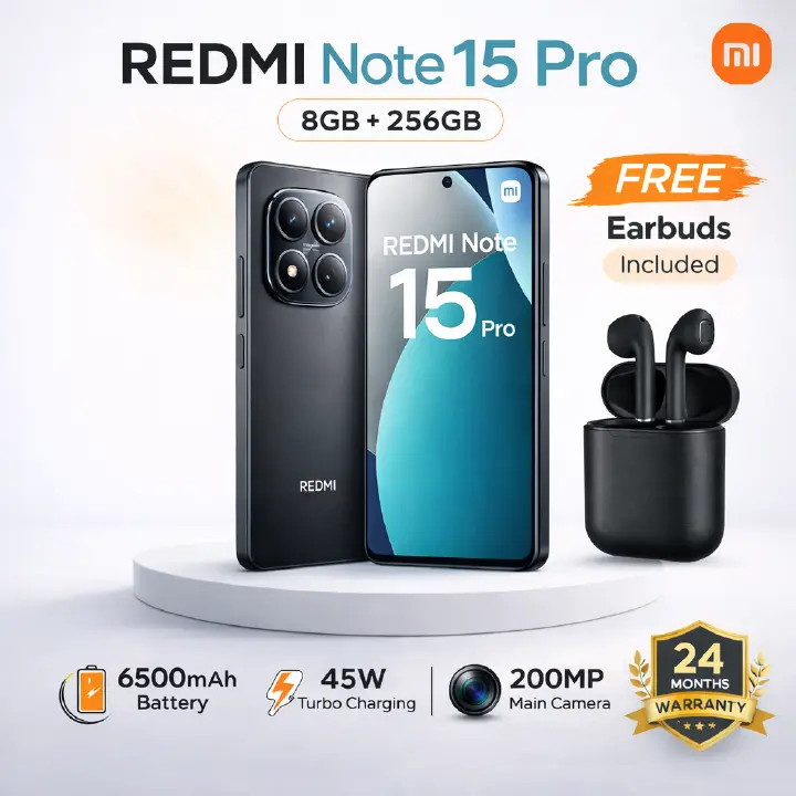 Redmi Note 15 Pro Smartphone Display 6.77” 120Hz - 8GB Ram + 256GB Rom Dual SIM, 4G , 6500mAh Battery ,200MP ultimate-clarity camera, 32MP front, 45W turbo charging,IP65, MediaTek Helio G200-Ultra