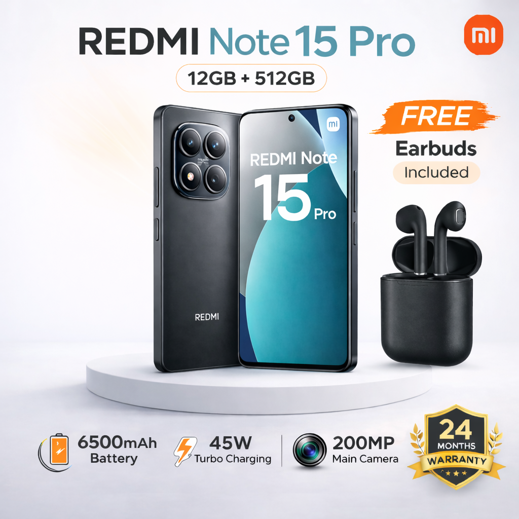 Redmi Note 15 Pro Smartphone Display 6.77” 120Hz - 12GB Ram + 512GB Rom Dual SIM, 4G , 6500mAh Battery ,200MP ultimate-clarity camera, 32MP front, 45W turbo charging,IP65, MediaTek Helio G200-Ultra