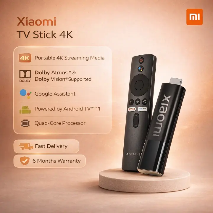 Xiaomi TV Stick 4K, Portable 4K Streaming Media, Dolby Atmos™ and Dolby Vision® supported, Google Assistant* built-in, Powered by Android TV™ 11, Quad-core processor, 360° Bluetooth +IR remote control
