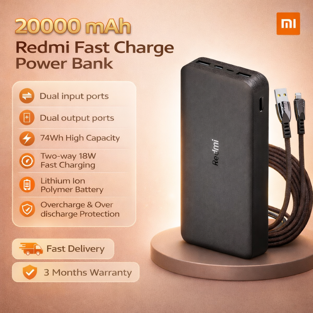 Xiaomi 20000 mAh Redmi Fast Charge Power Bank, Dual input ports, Dual output ports, 74Wh high capacity, Two-way 18W fast charging, Lithium ion polymer battery, Overcharge and over discharge protection