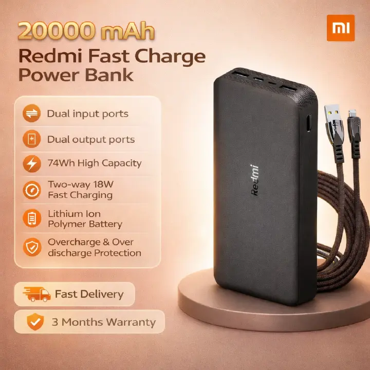 Xiaomi 20000 mAh Redmi Fast Charge Power Bank, Dual input ports, Dual output ports, 74Wh high capacity, Two-way 18W fast charging, Lithium ion polymer battery, Overcharge and over discharge protection